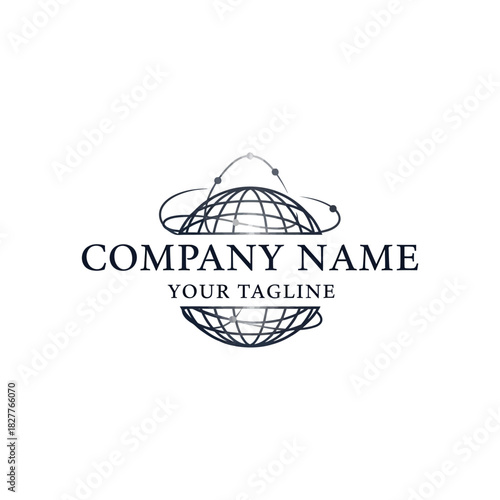 Logo design featuring a globe with orbiting elements, ideal for a tech company.