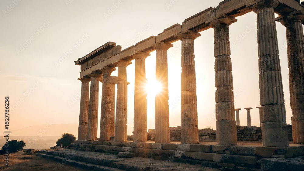 Fototapeta premium Sunlight Shining Through Columns Of Ancient Greek Ruins, Capturing Majestic History, Classical Architecture, And Timeless Beauty Of Cultural Heritage Bathed In Warm Golden Light