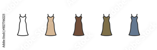 Slim slip dress icon set in earthy tones. Flat icon collection of long slip dresses with straps
