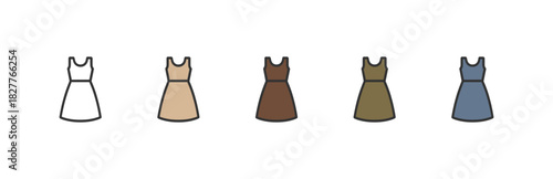 Sleeveless dresses with belt. Icon set flat vector