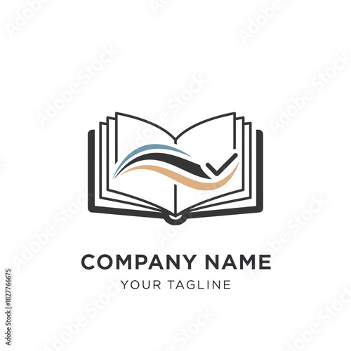 A professional logo design featuring an open book with abstract swooshes and a checkmark, symbolizing knowledge and success.