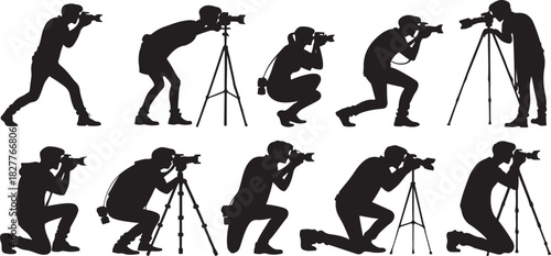Silhouette of photographers in various poses with cameras and tripods