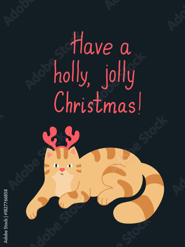A vertical Christmas greeting card with a cheerful holiday quote and a cute ginger cat wearing reindeer antlers on a dark blue background. Winter festive domestic animal's poster