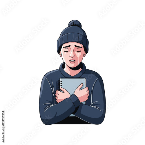 Distraught person crying with tears, clutching a notebook for solace in a moment of emotional vulnerability