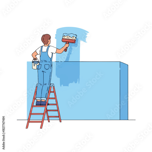 A professional handyman in blue overalls painting a wall with a brush while on a stepladder