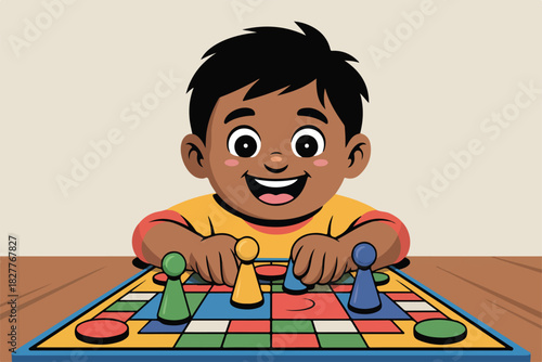 A cheerful boy, with big eyes and a wide smile, plays a board game, with colored pawns