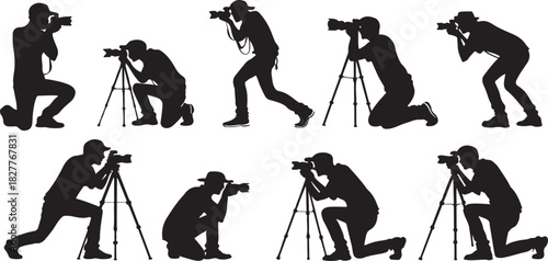 Silhouette of photographers in various poses with cameras and tripods