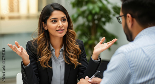 Indian Businesswoman Explaining Concepts During a Professional Office Meeting
