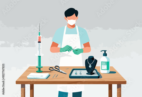 A figure with mask, apron & gloves, at table with jewelry, syringe, sanitizer, scissors