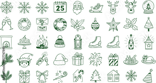 Seamless Pattern Hand Drawn Sketches of Winter Season Elements on Transparent Background with Snowflake, Santa and Gift Icons