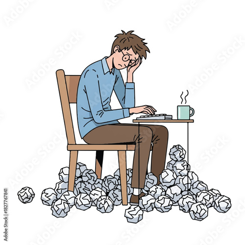 Frustrated writer with creative block surrounded by crumpled paper at his desk