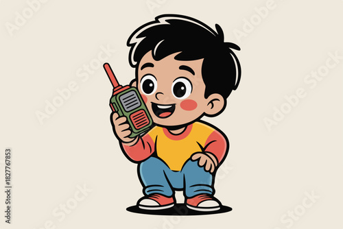 Adorable cartoon boy in a crouching pose, happily talking on a walkie-talkie. A colorful graphic illustration
