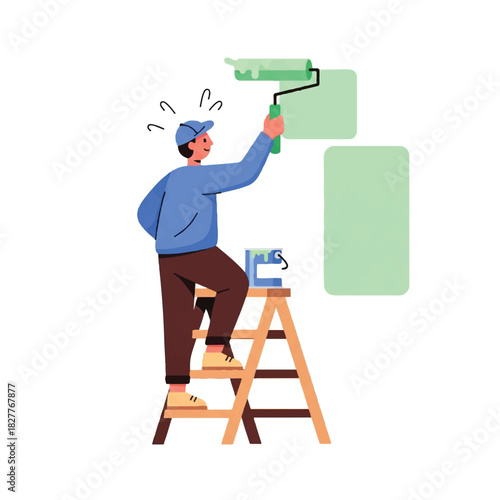 A cheerful man on a ladder begins a fresh home renovation project, painting a wall with green paint
