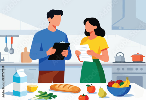 Two people, one with a clipboard, discuss a document in a stylized kitchen scene with food and cooking items