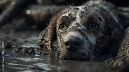 Fototapeta Naklejka Na Ścianę i Meble -  A playful beagle covered in mud on a sunny summer day