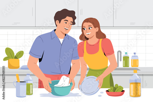 A cheerful couple washes dishes in a modern kitchen.  They are smiling and appear to be enjoying the task