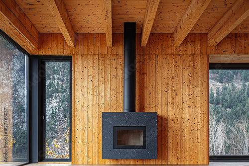 A modern interior featuring a sleek fireplace within a natural wooden space. Large windows reveal a serene landscape, enhancing the atmosphere of comfort.