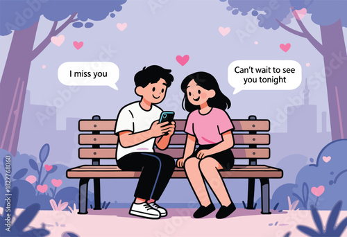 Romantic cartoon of a couple on a park bench. Text bubbles say "I miss you" and "Can't wait to see you tonight.