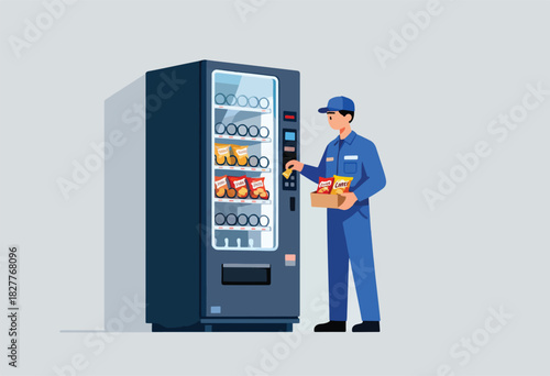 A person in a blue uniform refills a vending machine with snacks. The machine is gray with a clear front