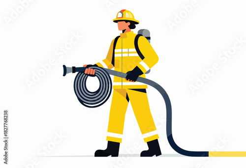 Flat vector graphic depicting a firefighter in yellow uniform holding a hose and oxygen tank