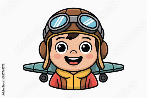 A cartoon child pilot with goggles, a plane attached, smiling widely. White background, simple design