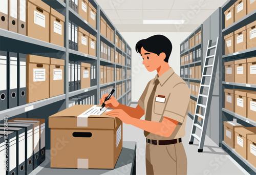 A person in a tan uniform writes on a box in a storage room filled with shelves of boxes and binders