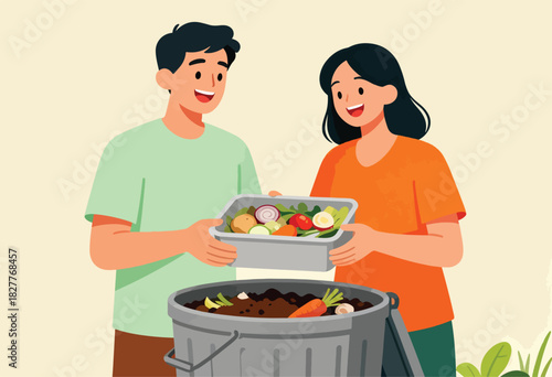 Illustration depicts a smiling couple composting food waste into a bin. Vegetables in container. Earthy tones