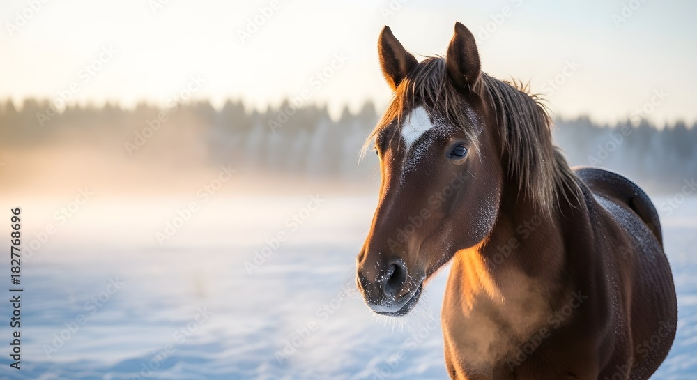 Fototapeta premium Majestic brown horse standing in a snowy field with frost on its muzzle during a golden hour for winter resilience concept and natural beauty