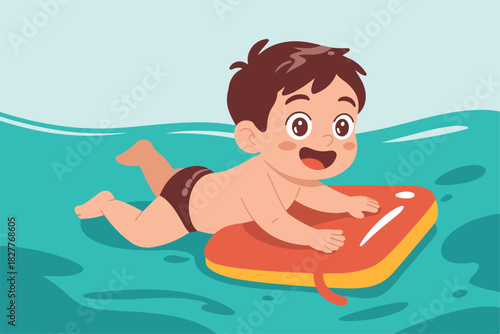 Cartoon illustration of a cheerful child floating on a raft in turquoise water, smiling widely