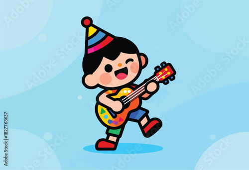 Cartoon child with a party hat playing a colorful guitar against a blue bubble-filled background