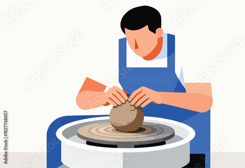 A person in a blue apron shaping clay on a pottery wheel. Simplified style with white background