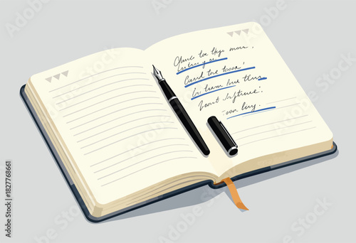 An opened notebook with handwritten text and a fountain pen rests on a light gray surface, with a bookmark