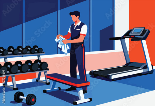 A gym attendant holds a towel, surrounded by gym equipment dumbbells, bench, and a treadmill