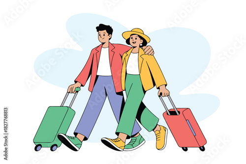 Illustration of a couple walking with luggage, one arm around the other, in a stylized graphic design