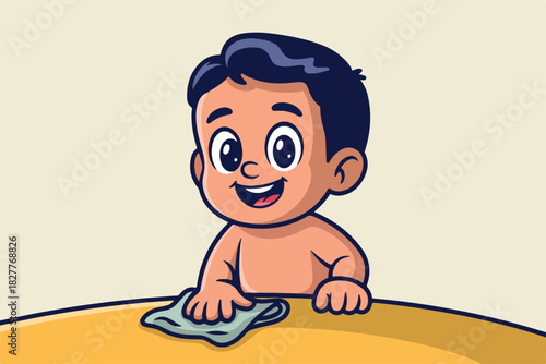 A cheerful cartoon child smiling while holding a cloth over a table, with a beige background