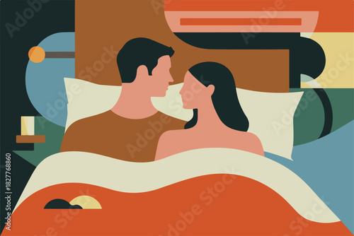 Abstract illustration of a couple in bed, in a minimalist style with geometric shapes and warm tones