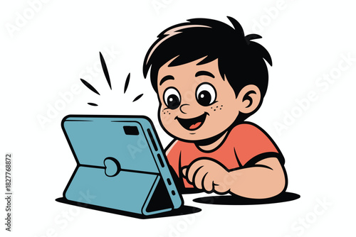 Smiling cartoon boy engrossed in a blue tablet, with beaming lines, set against a white backdrop