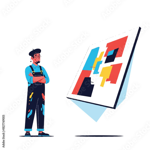 Artist admiring abstract artwork on a blank background