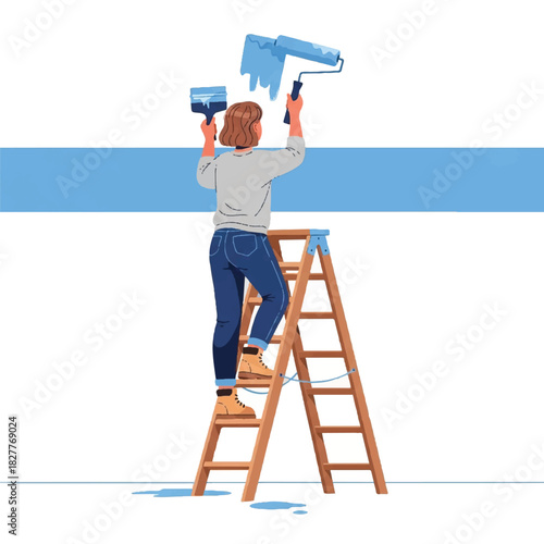 Woman on a ladder painting a blue stripe on the wall during a home renovation project