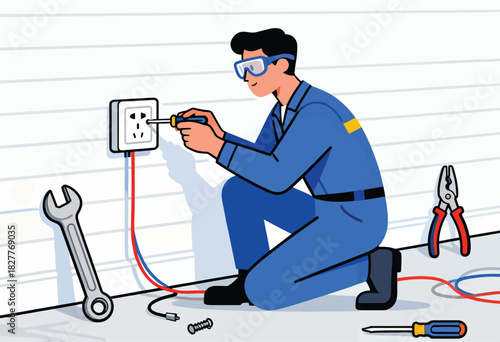An electrician in blue overalls kneels, installing a socket with tools around. A wrench and pliers sit by