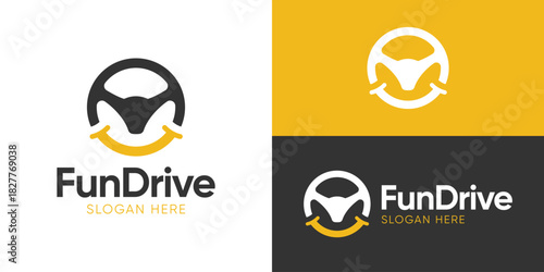Creative simple fun drive logo template. Steering wheel with smile symbol for Friendly driver logo design vector illustration.