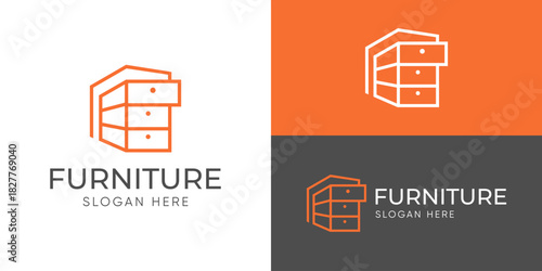 Creative simple furniture logo template. Cabinet drawer cupboard logo design vector illustration.