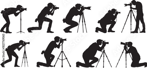 Silhouette of photographers in various poses with cameras and tripods
