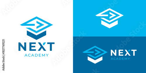 Creative simple next academy logo template. Abstract graduation hat with right arrow or code for Education logo design vector illustration.