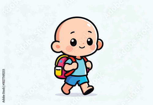 A cheerful cartoon child with a backpack, walking, set against a textured, light background