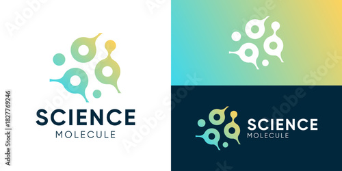 Creative modern science logo template. Simple molecule color gradient and dot connect, amoeba logo design vector illustration.