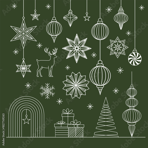 Elegant christmas ornaments and decorations on a dark green background