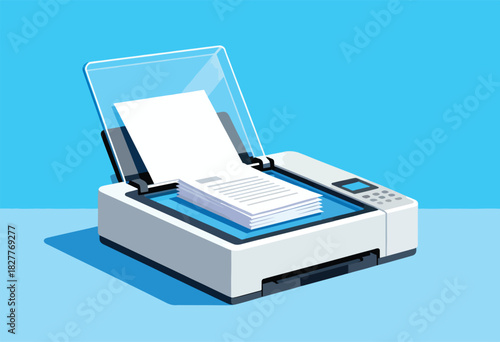 Illustration of a scanner with open lid, scanning a stack of papers, on a light blue background