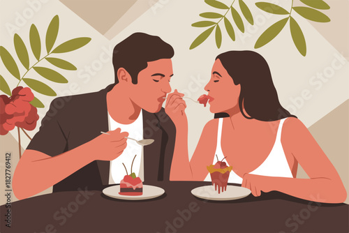A couple at a cafe, sharing dessert. The man and woman feed each other dessert over a table with plants as decoration