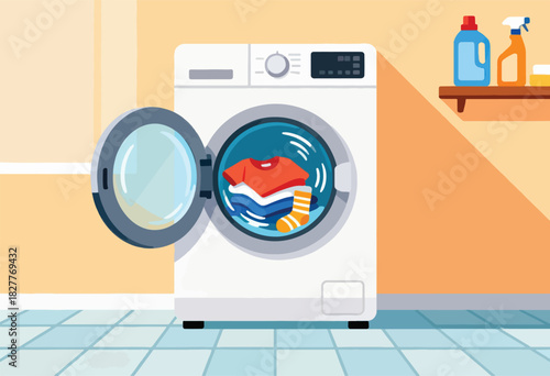 Illustration of a washing machine with an open door, filled with clothes. Cleaning products sit on a shelf
